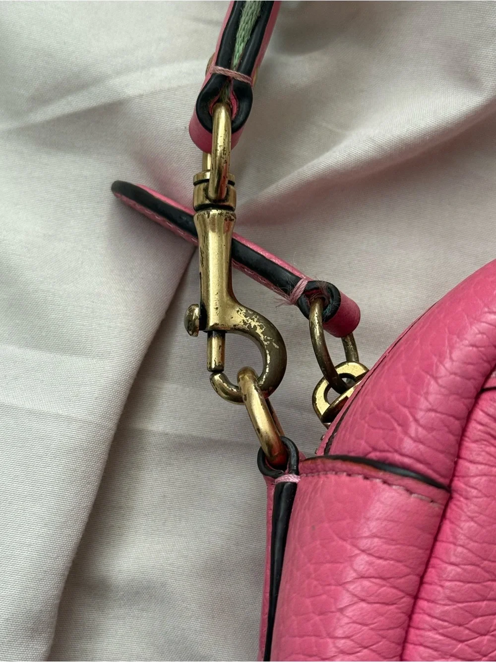 Coach Pink Leather Crossbody with Green and Pink Striped Strap